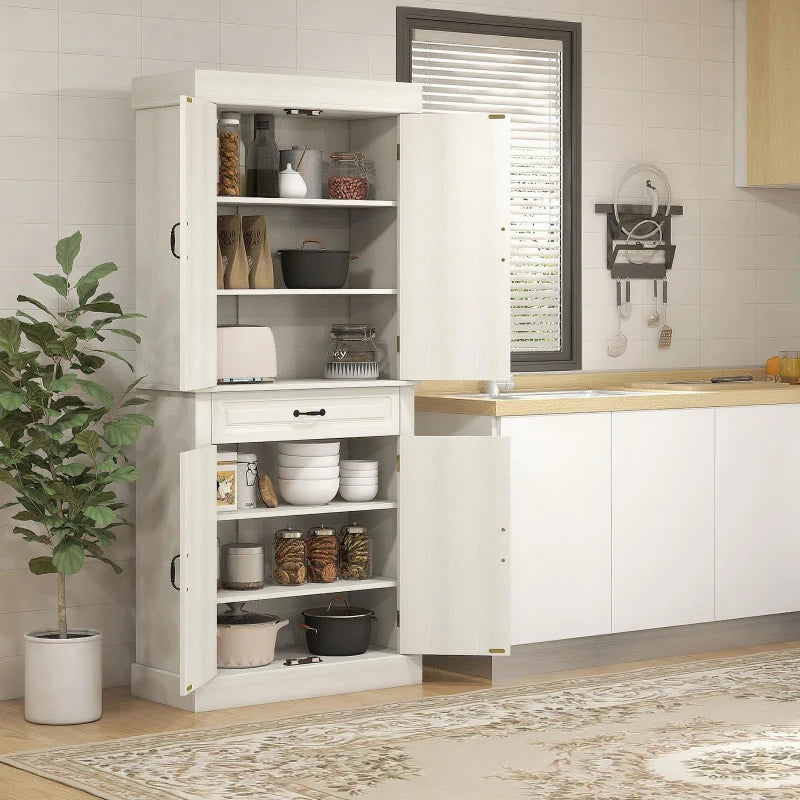 Stylish 180cm White Wood Grain Kitchen Cupboard - 4 Door Freestanding Storage Cabinet with Wide Drawer & Shelves for Living Room