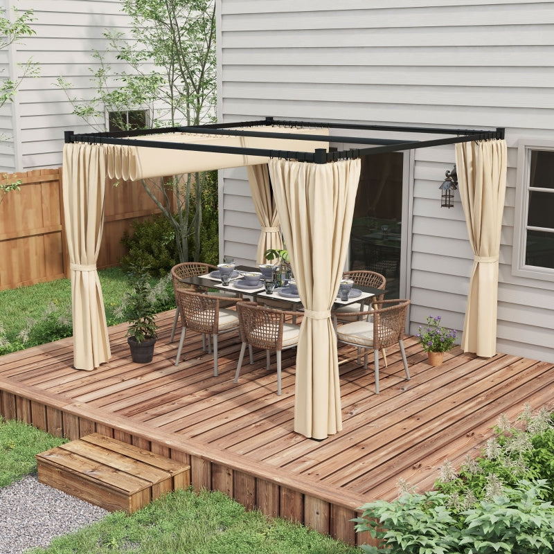 Beige Retractable Garden Pergola with Curtains - 3x3m