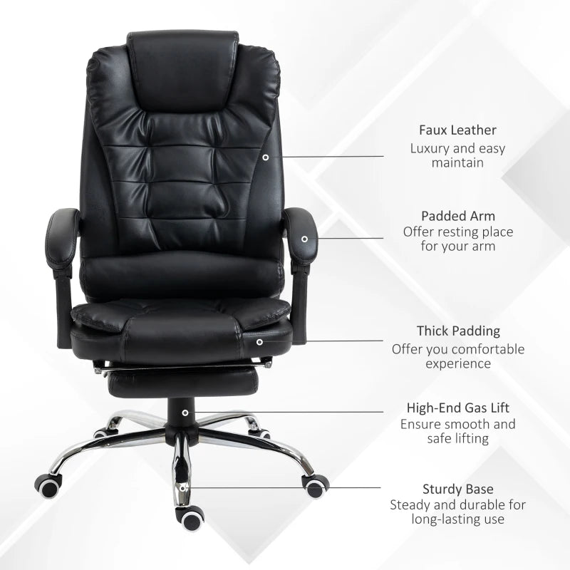 Executive PU Leather Office Chair with Swivel Wheels, Reclining Backrest & Retractable Footrest - Ergonomic Black Home Office Seating