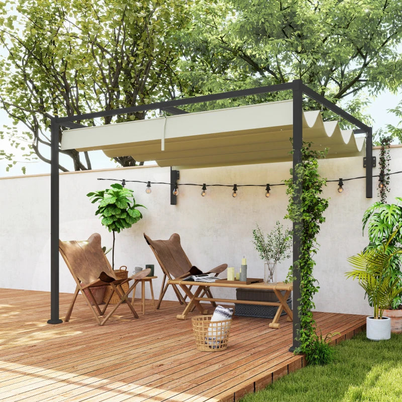2m x 3m Khaki Lean-To Steel Pergola with Adjustable Canopy