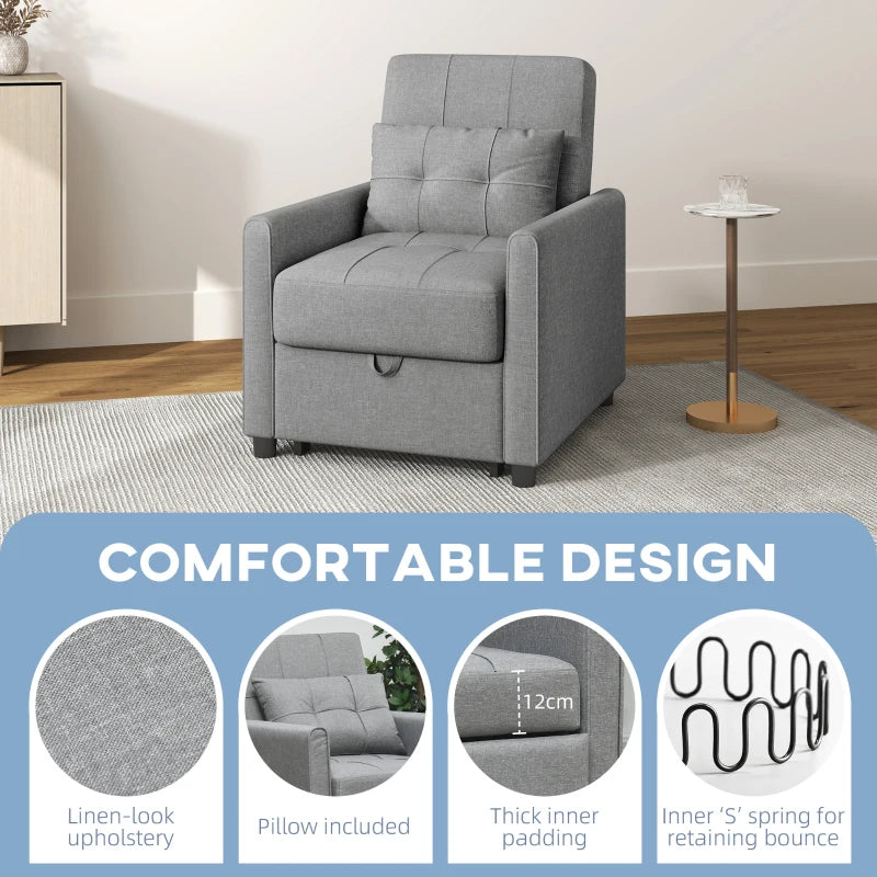 Light Grey Linen-Look Single Chair Bed for Compact Spaces and Versatile Use