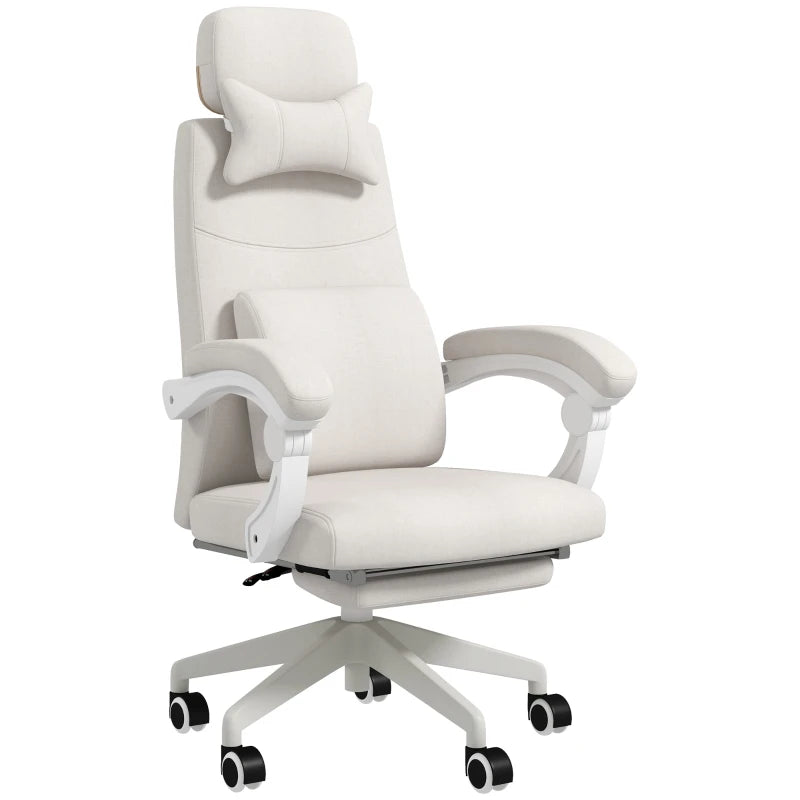 Vinsetto White Linen-Look Office Chair with 160° Reclining Back and Footrest - Ergonomic Comfort for Home & Office