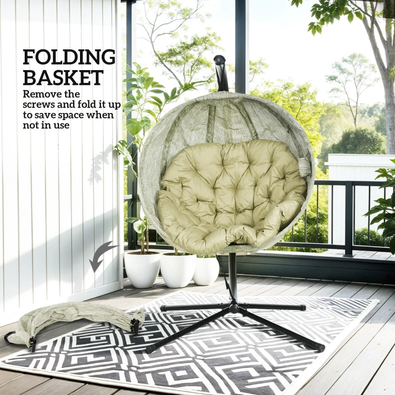 Hanging Egg Chair - Khaki Outdoor Indoor Garden Swing Chair with Stand, Thickened Cushion & Cup Holder - Folding Basket Design