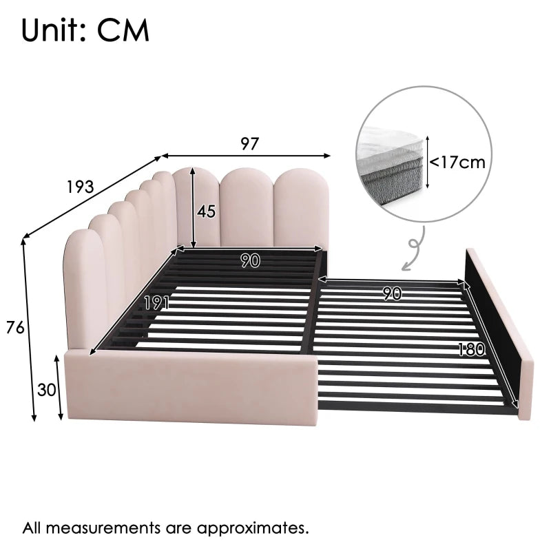 Pink Upholstered Daybed with Pull-Out Bed, 3FT Single Sofa Bed, Metal Slatted Frame, Easy Assembly, 193L x 97W x 76H cm