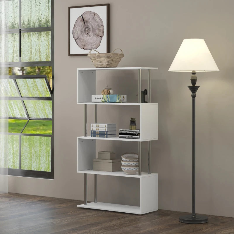 Modern S Shape 5-Tier Bookcase - Freestanding White Bookshelf for Home Office, Study & Living Room, 80x30x145cm