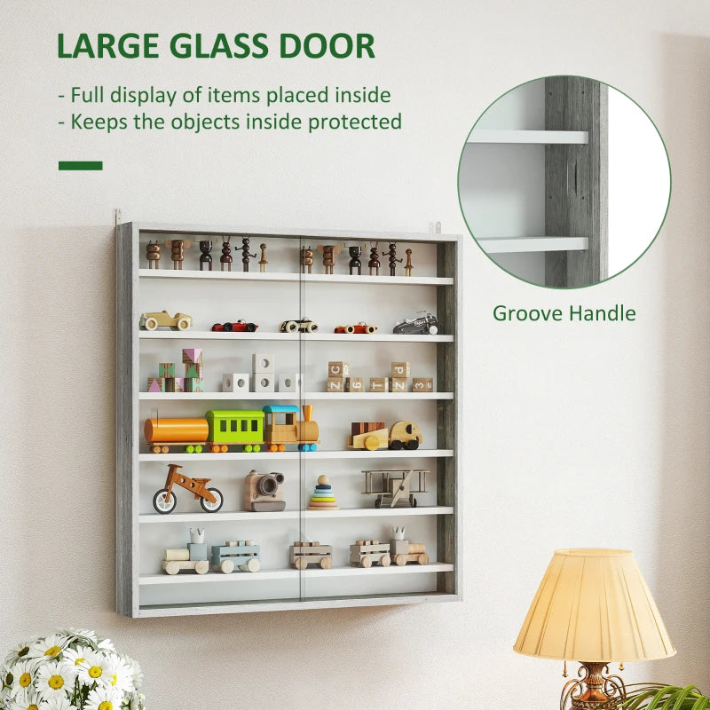 Stylish Six Shelf Display Cabinet with Glass Doors - Modern Graphite Wood Effect Storage Solution for Home or Office