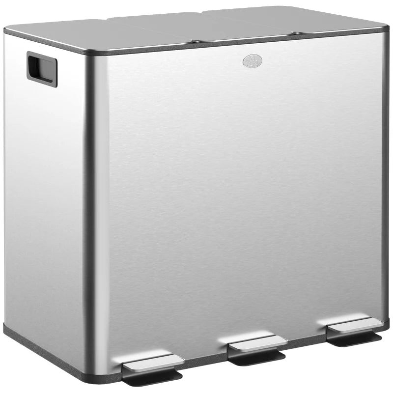 3 x 15L Steel Pedal Bin Set - Triple Kitchen Trash Can with Soft Close Lid, Removable Buckets, Fingerprint-Proof Silver