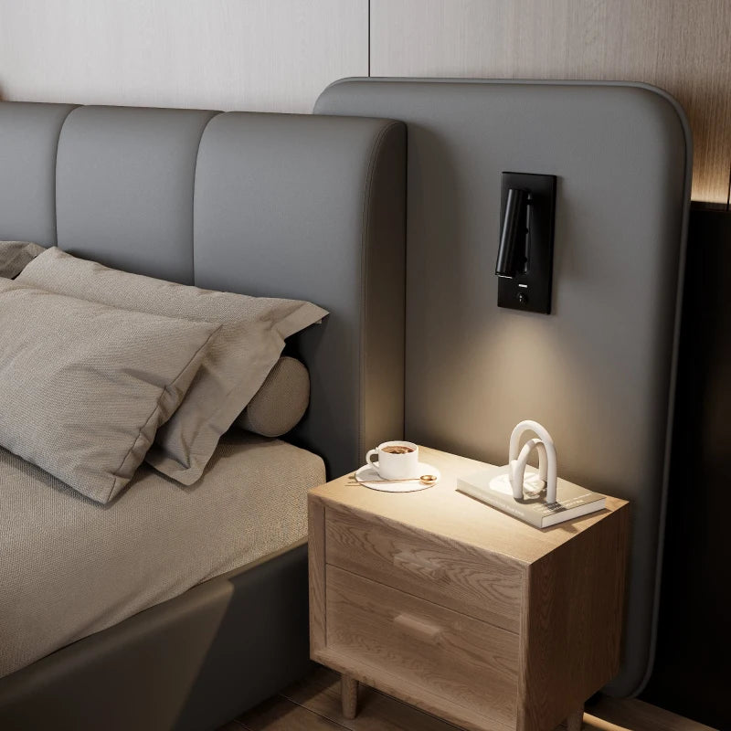 Upholstered Full-Size Double Bed with Charging Port & LED Lighting - Grey, Impact-Resistant Sponge Padding, 209L x 221W x 86.5H cm