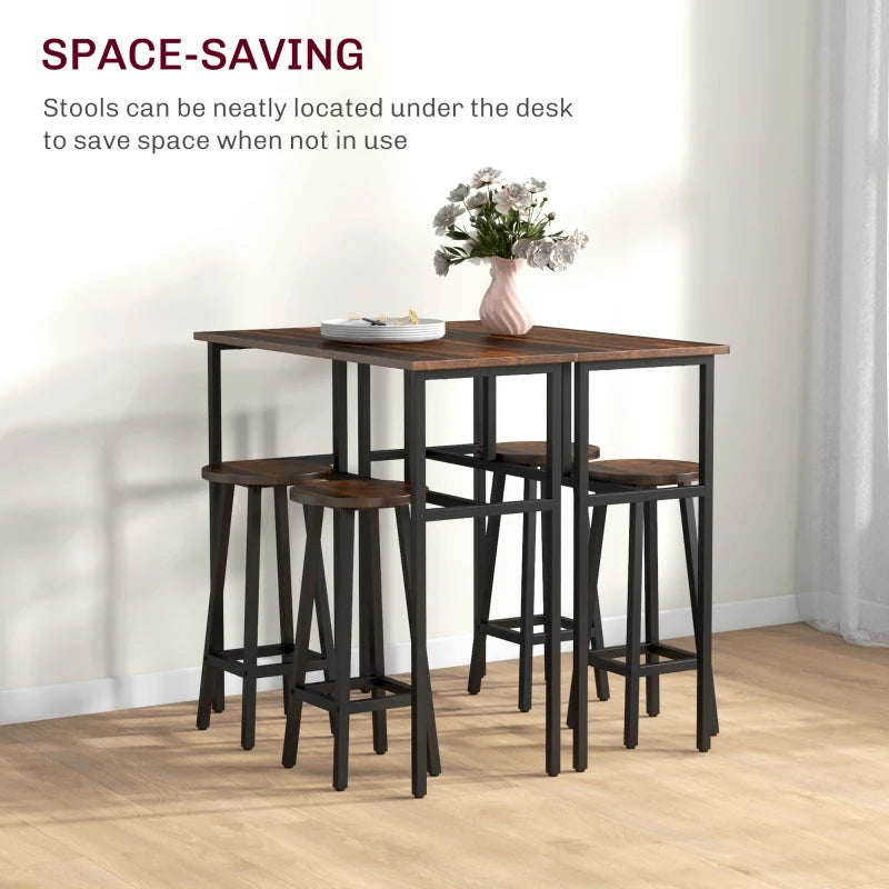 6-Piece Rustic Brown Bar Table Set - Space-Saving Counter Height Dining Set with 2 Tables & 4 Stools for Small Spaces