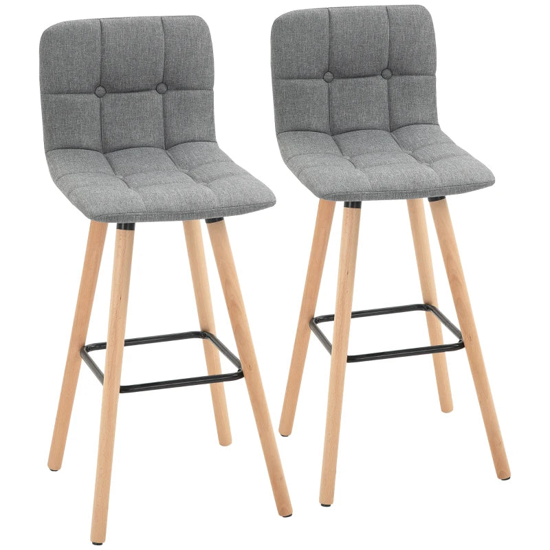 Breakfast Bar Stool Set of 2 - Armless Button-Tufted Counter Height Chairs with Wood Legs & Footrest in Grey