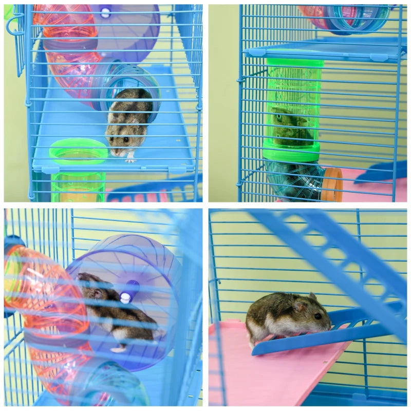 5-Tier Hamster Cage with Exercise Wheels, Tunnel Tube, Water Bottle & Dishes - Blue Habitat for Dwarf Mice