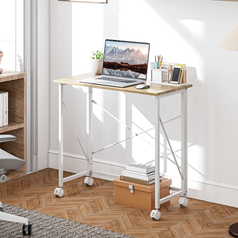 80 cm Folding Desk on Wheels - Natural Tone, Space-Saving Portable Workstation for Home Office, Study, and Crafting