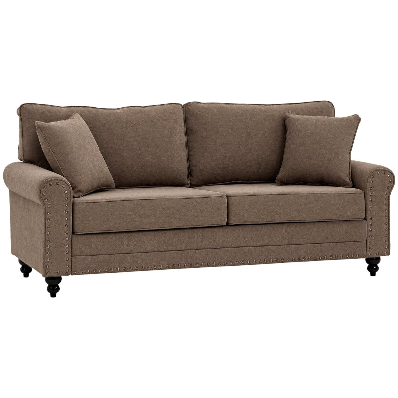 Stylish 3 Seater Fabric Sofa with Rubber Wood Legs and Extra Cushions for Living Room, Brown, 196W x 80.5D x 89H cm