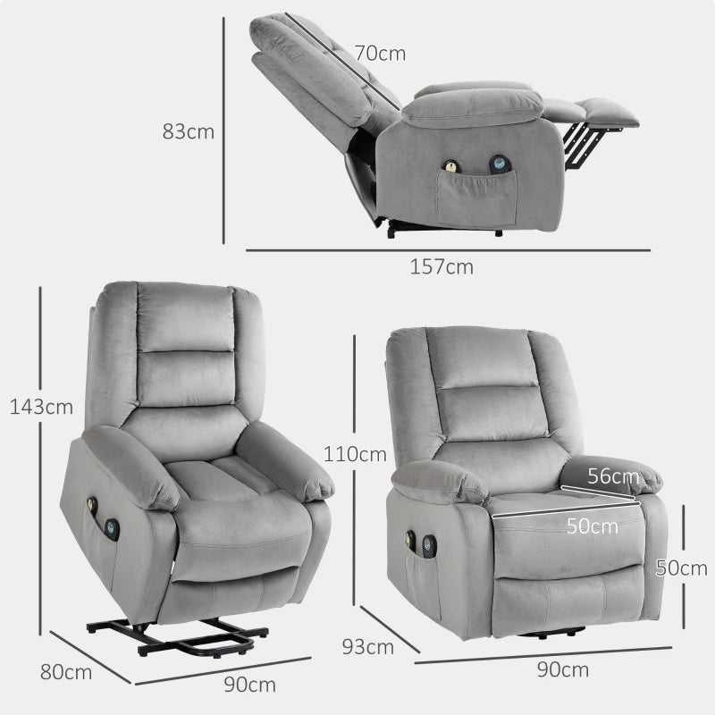 Velvet Electric Lift and Recline Massage Armchair with Remote Control in Grey