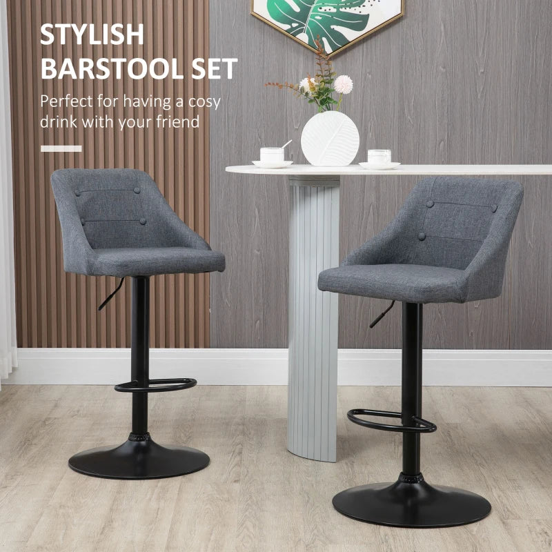 Modern Adjustable Bar Stools Set of 2 - Swivel Fabric Barstools with Footrest, Armrests & Back for Kitchen & Dining - Dark Grey