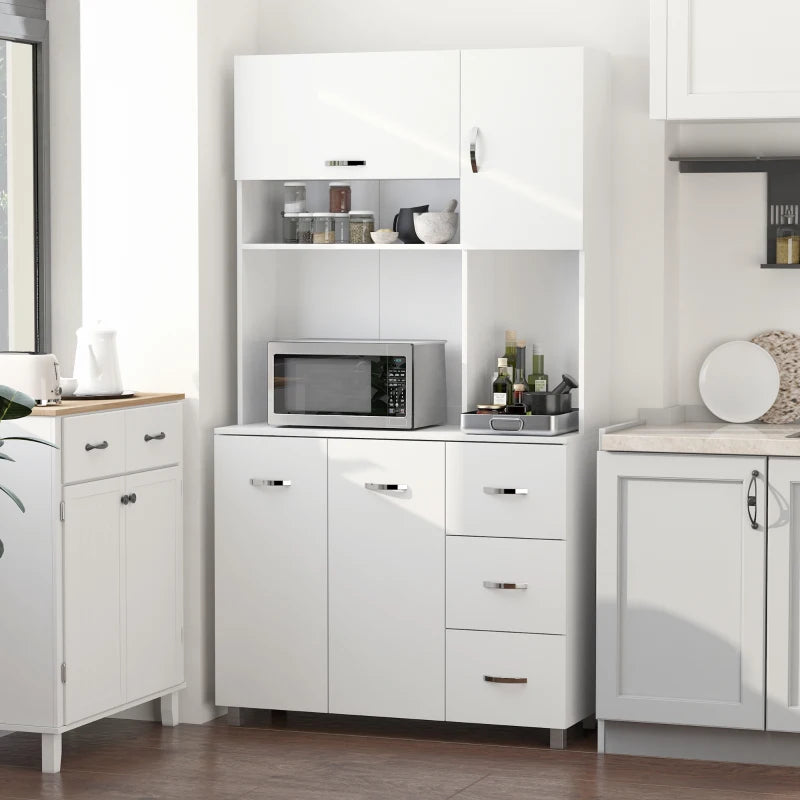 183cm Tall Kitchen Cupboard Storage Cabinet with Countertop, 3 Drawers, Flip Top Door, 3 Doors & Open Shelves - White