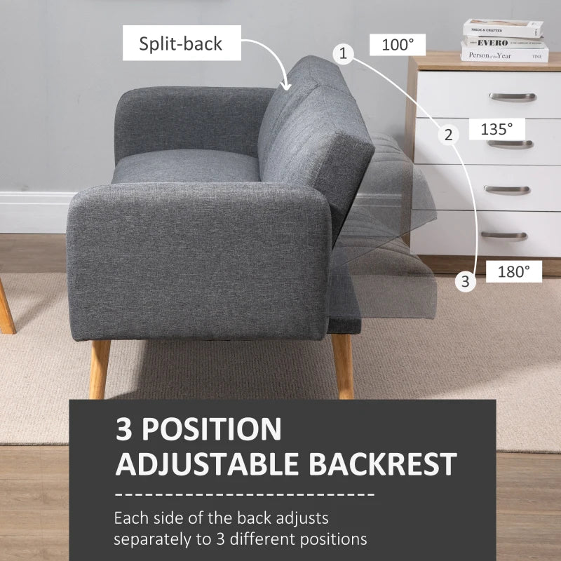 Convertible 3-Seater Sofa Bed in Grey Linen Fabric with Adjustable Split Backrest for Living Room or Bedroom