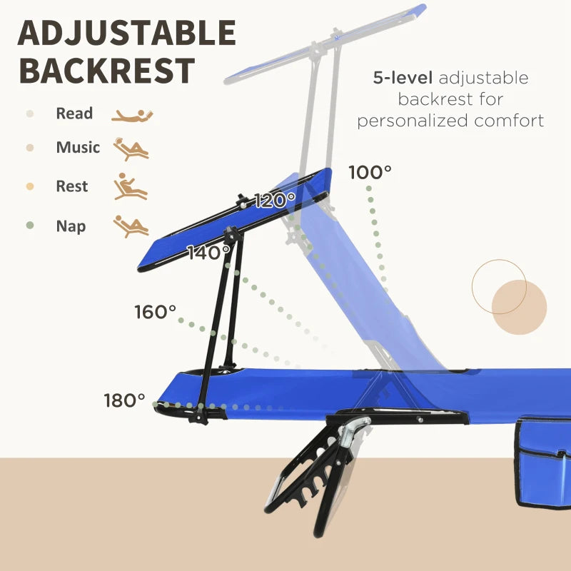 2 Piece Blue Folding Sun Loungers with Canopy - Adjustable Recliner Garden Chairs with Side Pocket, Steel Frame and Breathable Mesh for Outdoor, Pool, Beach, Garden
