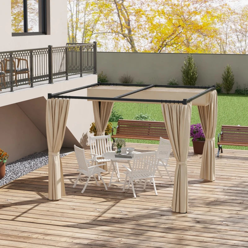 Beige Retractable Garden Pergola with Curtains - 3x3m