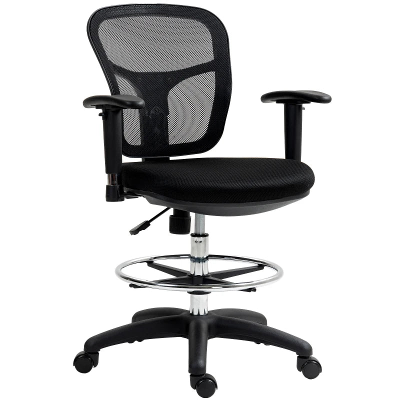 Ergonomic Drafting Chair with Adjustable Armrests & Lumbar Support - Mesh Office Chair for Standing Desks, Height & Footrest Adjustable, Black