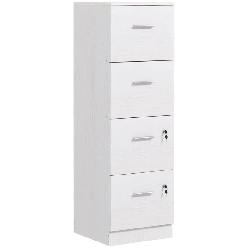 Stylish White Wood Effect Four-Drawer Lockable Filing Cabinet for Secure Document Storage - Ideal for Home or Office