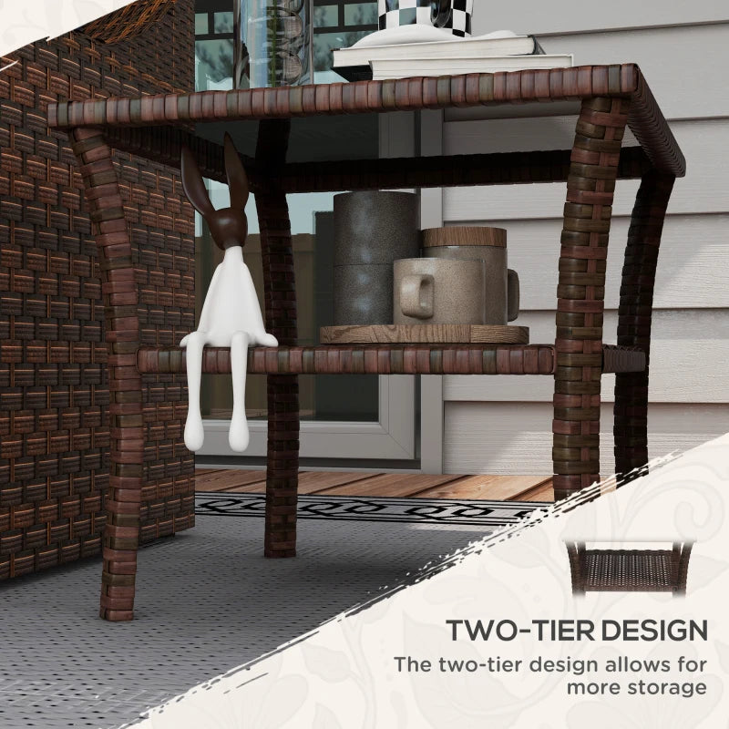 Brown Rattan Glass Top Patio Side Table - 50cm