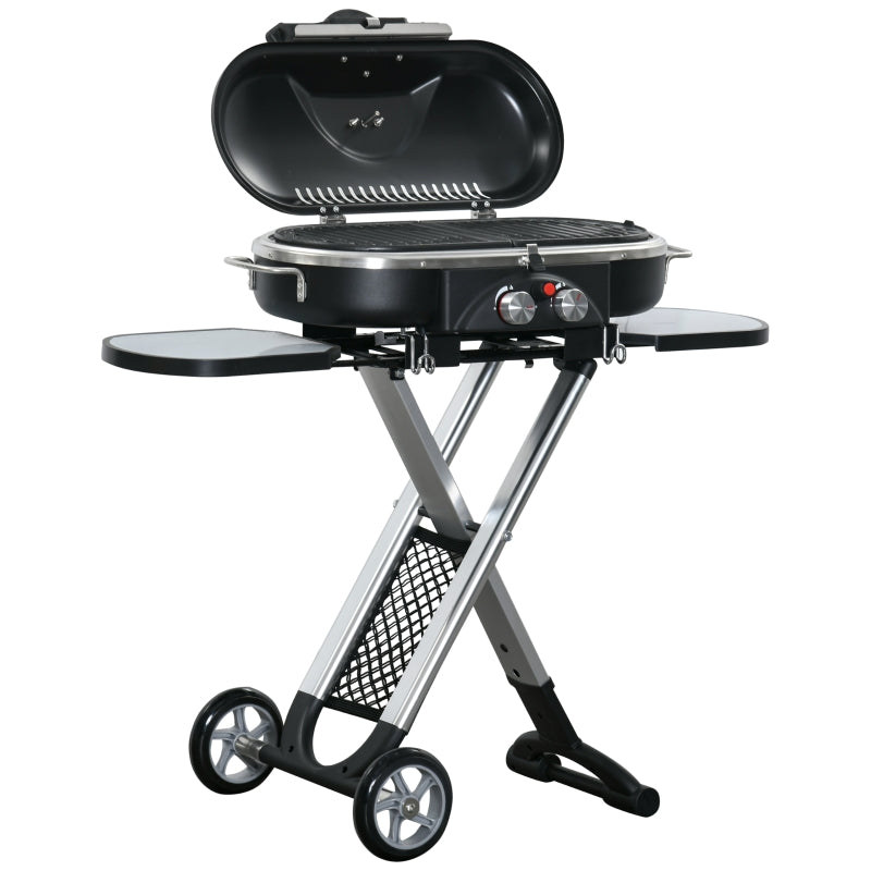 Foldable 2-Burner Gas BBQ Grill with Side Shelves - Black