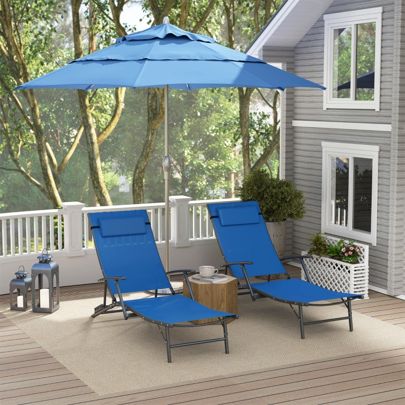 Set of 2 Blue Folding Sun Loungers - Adjustable 4 Position Outdoor Chaise Lounge Chairs with Armrests and Pillows, Steel Frame Sunbed Recliners for Garden, Patio, Beach and Poolside
