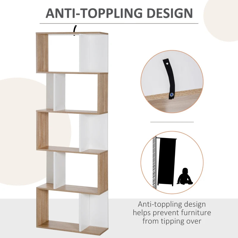 S-Shaped Wooden Bookcase - 5/6 Tier Freestanding Oak & White Bookshelf for Home Office Storage & Display, 24D x 60W x 184.5H