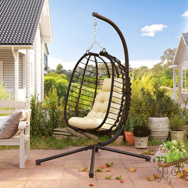 Rattan Hanging Egg Chair with Cushion, Adjustable Height, Steel Frame for Indoor Outdoor Use