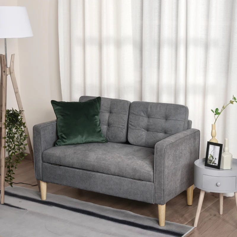 Compact 2 Seater Sofa with Hidden Storage, 117cm Tufted Cotton Couch for Living Room or Kitchen, Grey