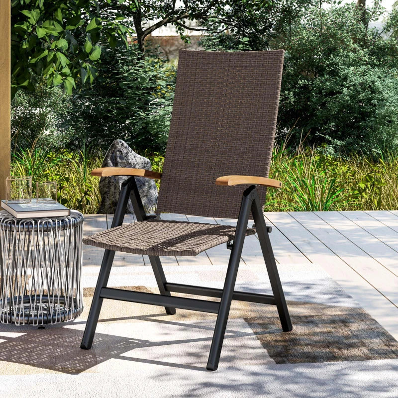 Folding Rattan Garden Dining Chair - 5-Level Reclining High Back, Wood Armrests, Outdoor Patio Furniture - Brown