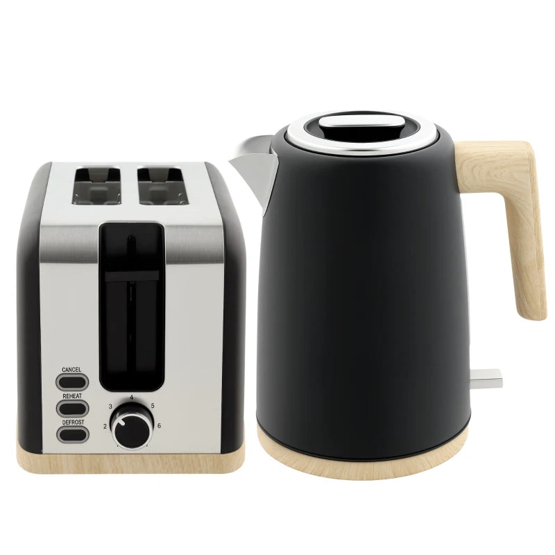 Stainless Steel Kettle & Toaster Set - 1.7L Fast Boil Kettle 3000W & 2 Slice Toaster with 7 Browning Levels, Black