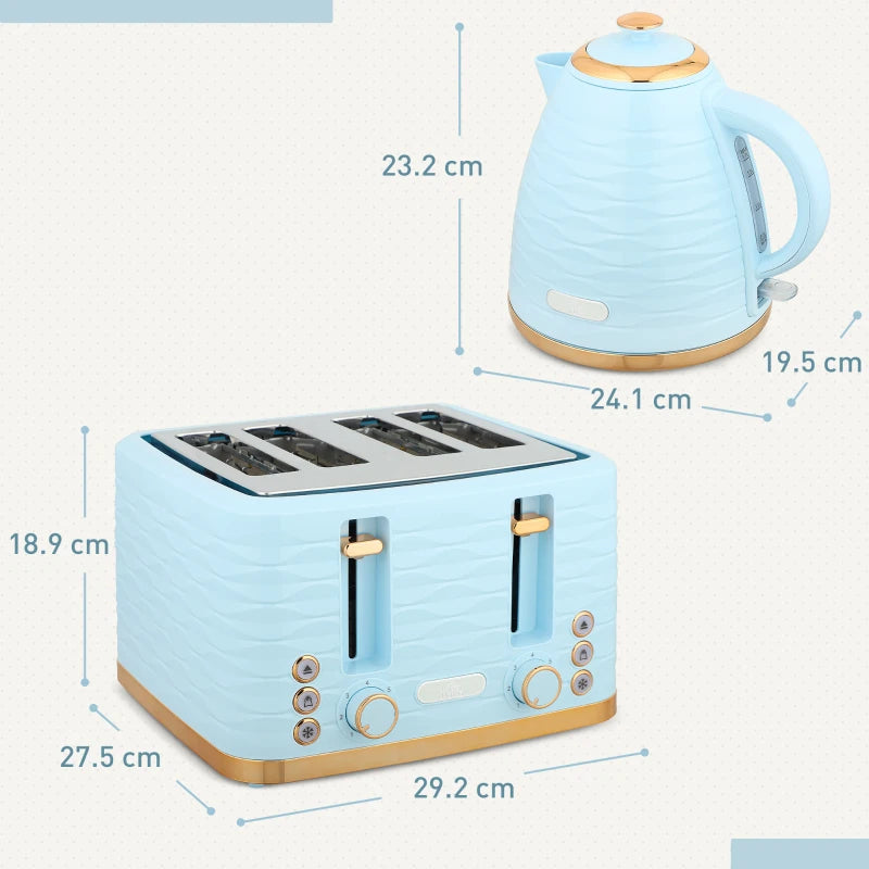 Light Blue 3000W Kettle & 4 Slice Toaster Set - 1.7L Capacity, 7 Browning Controls, Easy Clean Crumb Tray