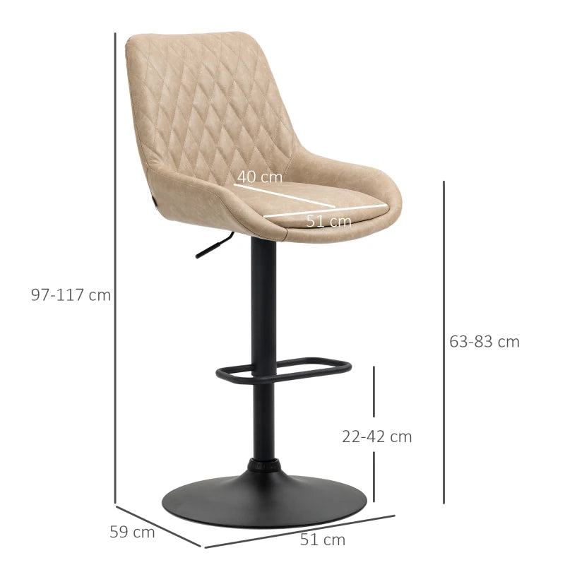 Retro Bar Stools Set of 2 - Adjustable Upholstered Kitchen Chairs with Back, Swivel Seat in Light Khaki