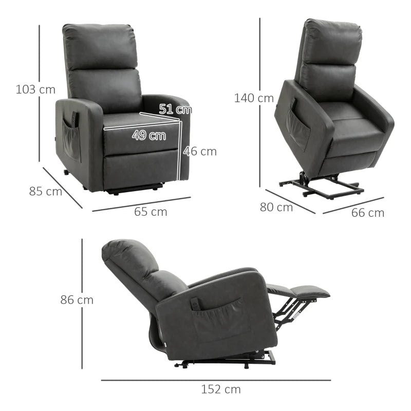 Recliner Chair for Elderly with Remote Control, PU Leather Upholstery, Side Pockets, Charcoal Grey