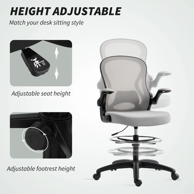 Vinsetto Adjustable Mesh Standing Desk Chair - Flip-up Armrests, Lumbar Support, Adjustable Footrest, Grey - Ergonomic Office Seating