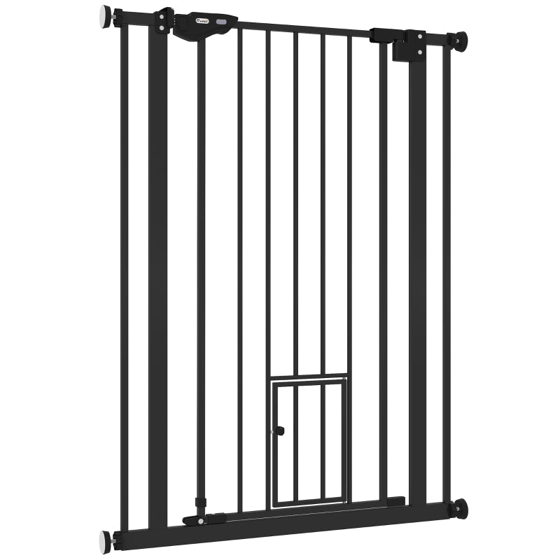 Extra Tall Indoor Dog Safety Gate with Cat Flap, Auto Close, 74-80cm Wide - Black Pet Barrier