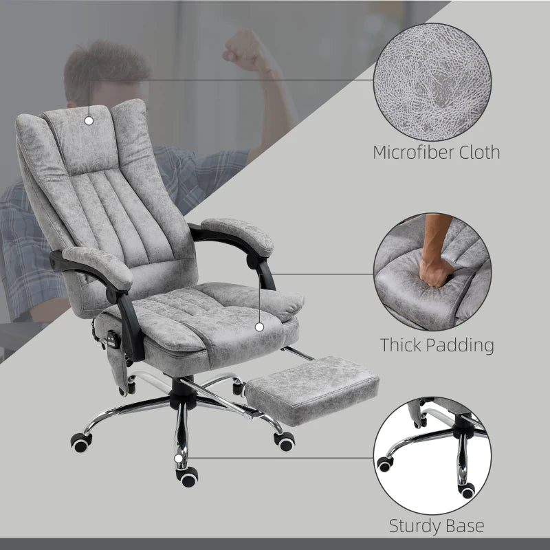 Vinsetto Grey Office Chair with Massage & Heat, Reclining Microfibre Desk Chair with Footrest, Adjustable Height & Swivel Wheels