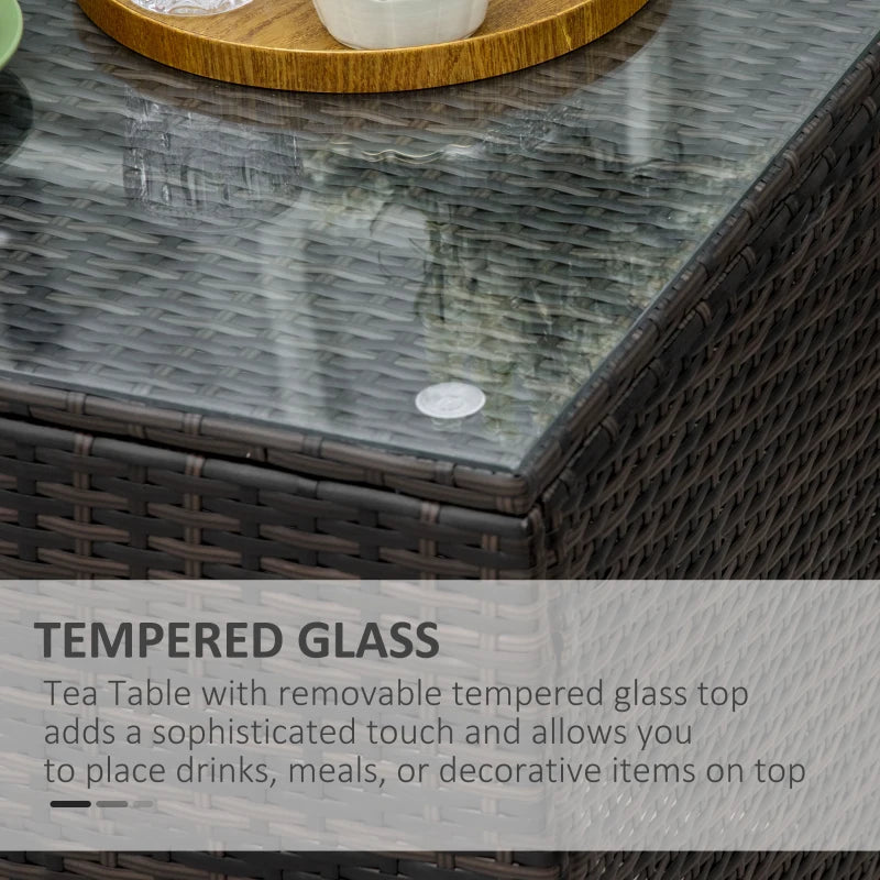 Brown Rattan Patio Side Table with Tempered Glass Top