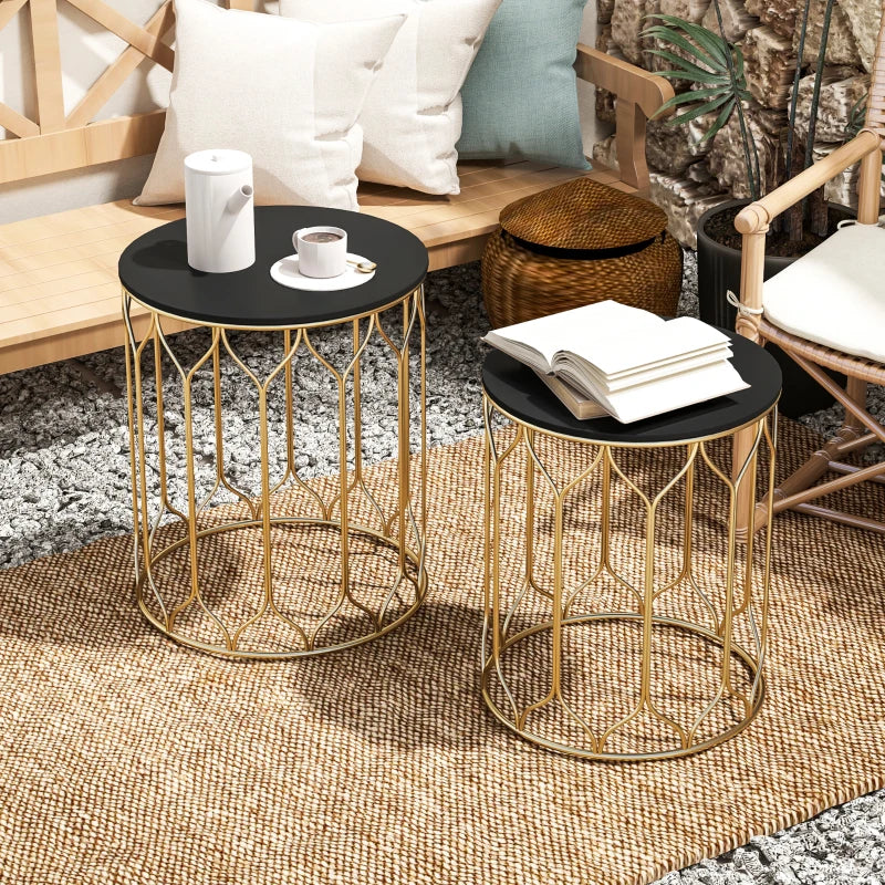 Set of 2 Black Ceramic Tile Top Nesting Tables - Multifunctional Indoor Outdoor Small Garden Side Tables with Metal Frame for Patio, Balcony, Porch