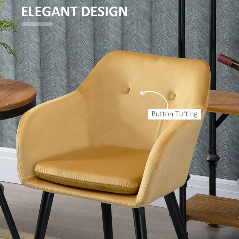 Modern Velvet-Touch Dining Chairs Set of 2 - Upholstered Leisure Chairs with Backrest & Armrests for Home Office & Kitchen - Yellow