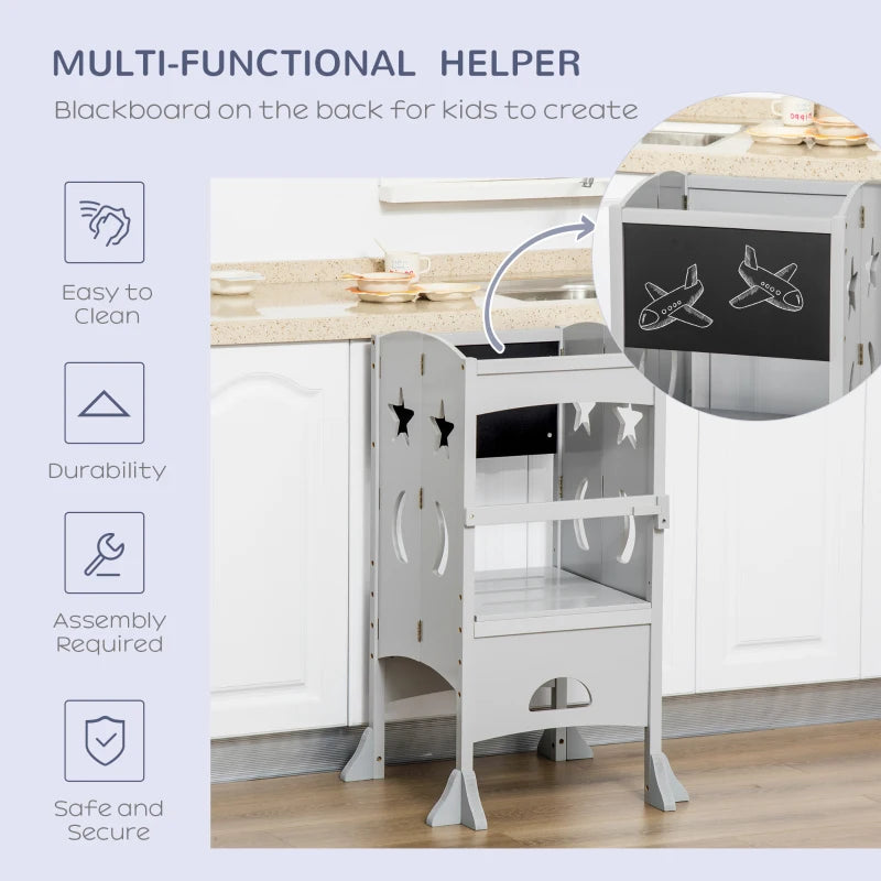Kids Step Stool with Blackboard & Lockable Handrail - Toddler Kitchen Stool for Safe Counter Access - Grey