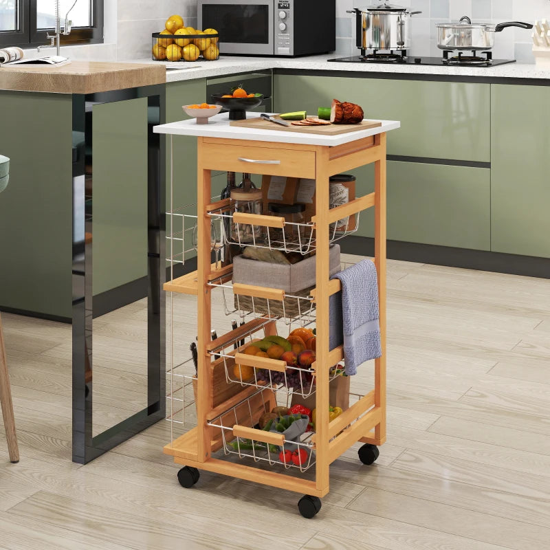 Rolling Kitchen Cart with 4 Basket Drawers & Side Racks - Utility Storage on Wheels for Dining Room, Brown Finish