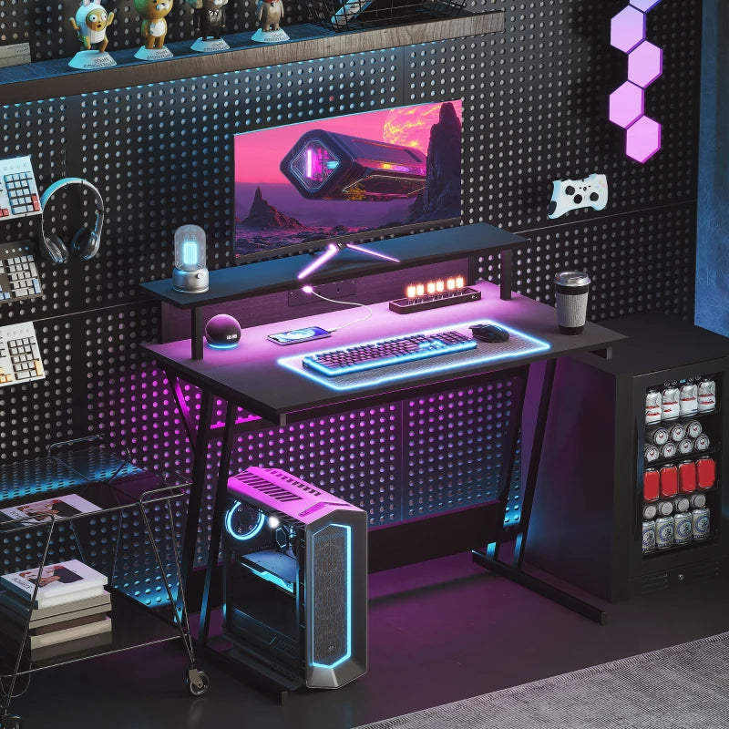 Two-Level LED Gaming Desk - Black | Modern Ergonomic Design with RGB Lighting for Ultimate Gaming Experience