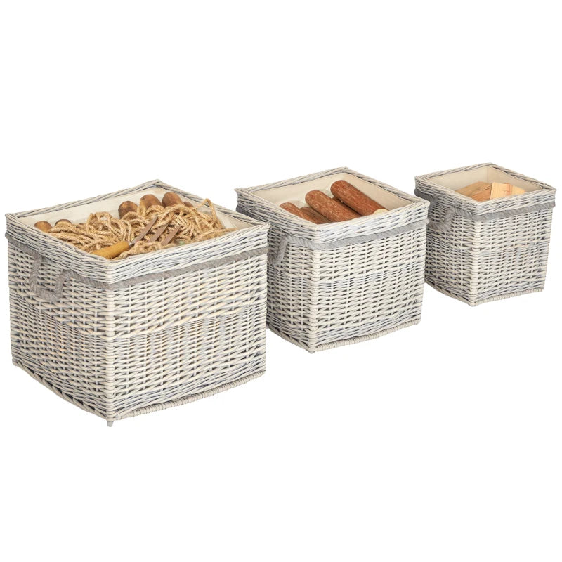 Set of 3 Beige Round Log Baskets with Lining & Rope Handles - Ideal for Wood Burner, Fireside Storage & Blankets