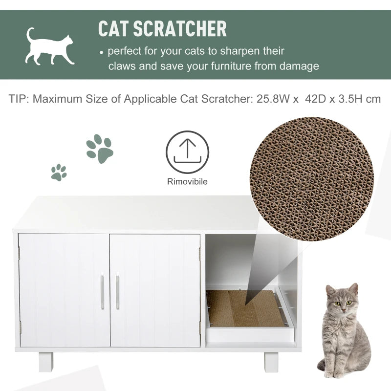 Wooden Cat Litter Box Enclosure with Nightstand Design, Scratching Post & Magnetic Doors - Stylish White Cat House