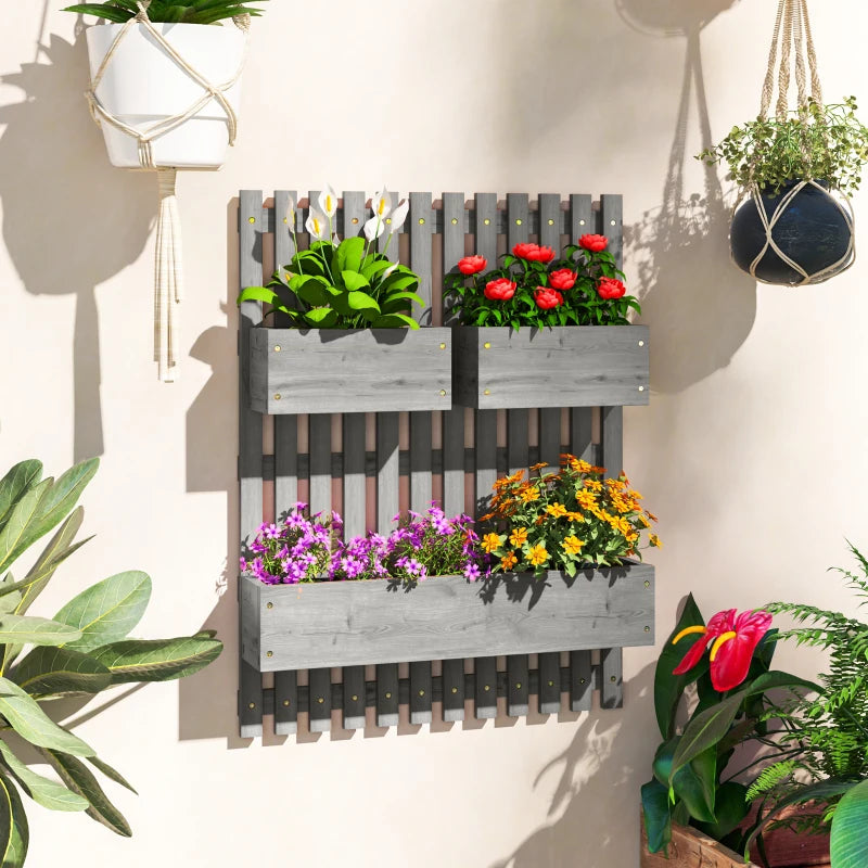 Wall-Mounted Wooden Garden Planters with Trellis - Grey - 3 Planter Boxes with Drainage Holes for Patio - 120cm