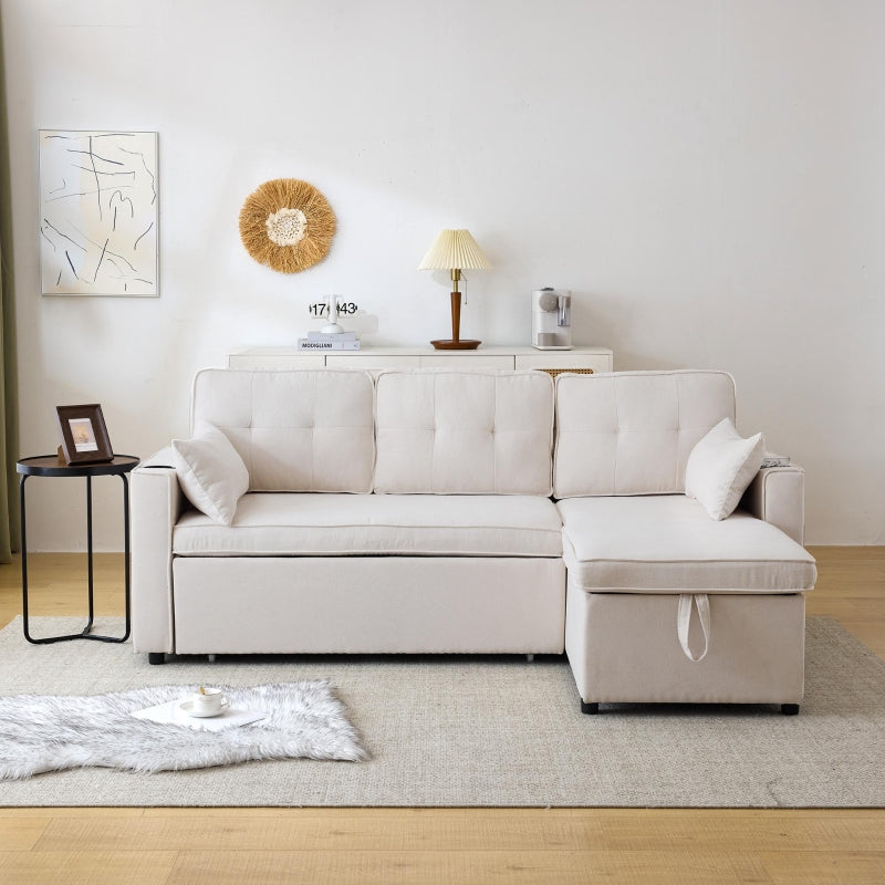 Versatile L-Shaped Sofa Bed with Reversible Chaise, Storage, Cup Holders and Cushions in Beige