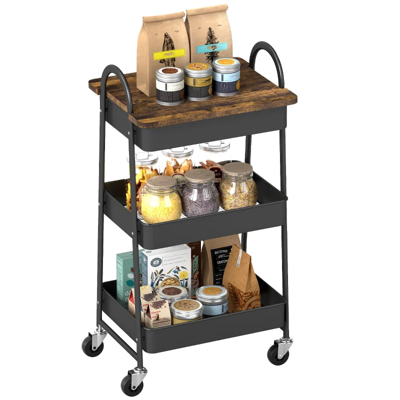 Rustic Brown & Black 3-Tier Kitchen Storage Trolley on Wheels with Cover Top Board - Stylish & Functional